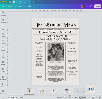 Lesbian Wedding Newspaper Template Marriage Announcement | Editable Canva Invitation | Black & White Vintage Style | Digital Download