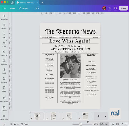 Lesbian Wedding Newspaper Template Marriage Announcement | Editable Canva Invitation | Black & White Vintage Style | Digital Download