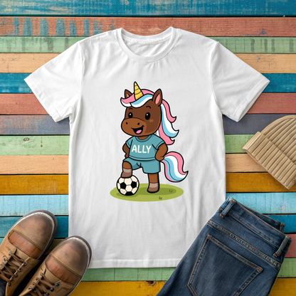 Real Belonging T-Shirt Ally Unicorn Soccer Player T-shirt for Trans Athletes and Allies