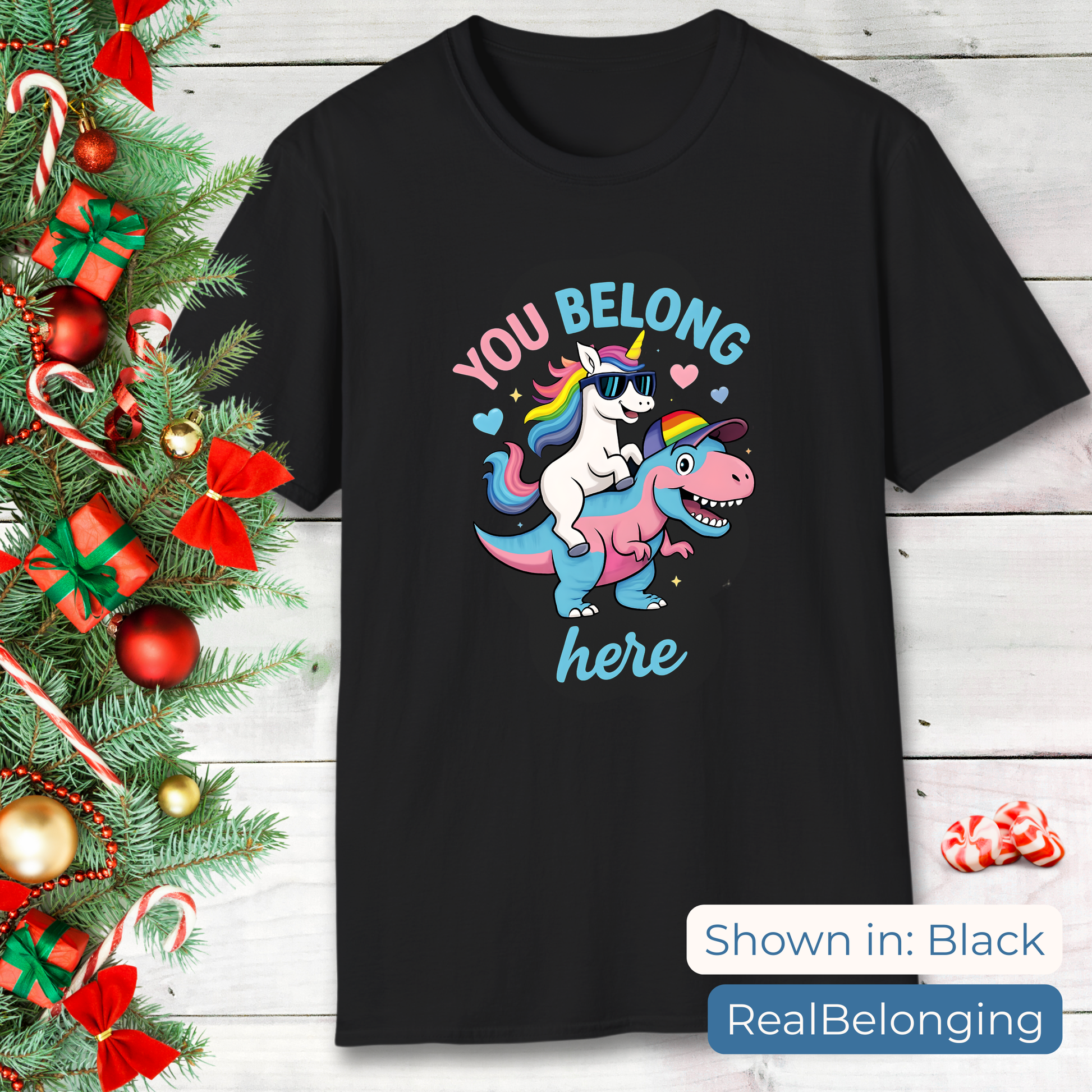 Real Belonging T-Shirt Black / S You Belong Here Queer Unicorn & T-Rex T-shirt