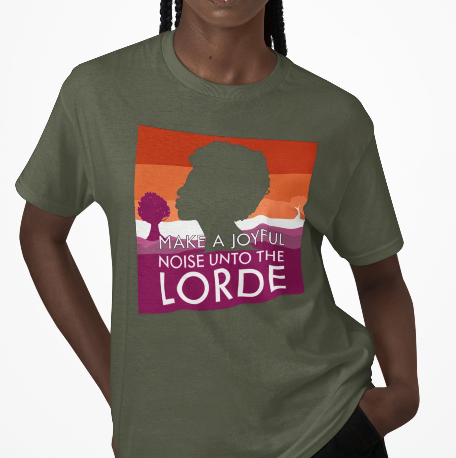 Real Belonging T-Shirt Military Green / S Make a Joyful Noise Unto the Lorde T-Shirt – Lesbian Pride Landscape