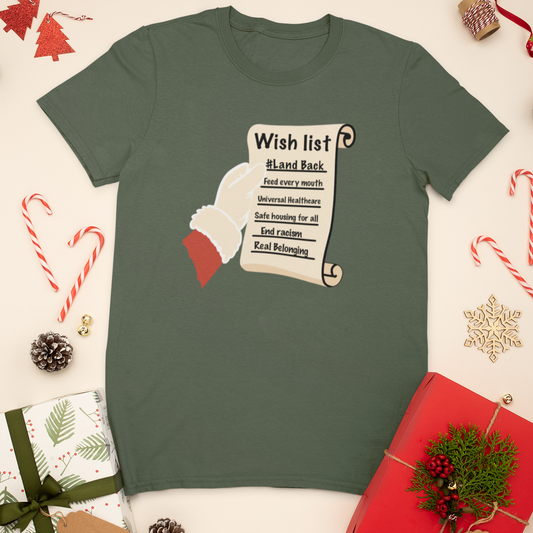 Real Belonging T-Shirt Military Green / S Santa’s Wishlist T-Shirt – #LandBack, Justice & Care for All