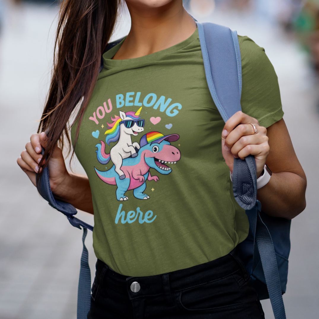 Real Belonging T-Shirt Military Green / S You Belong Here Queer Unicorn & T-Rex T-shirt
