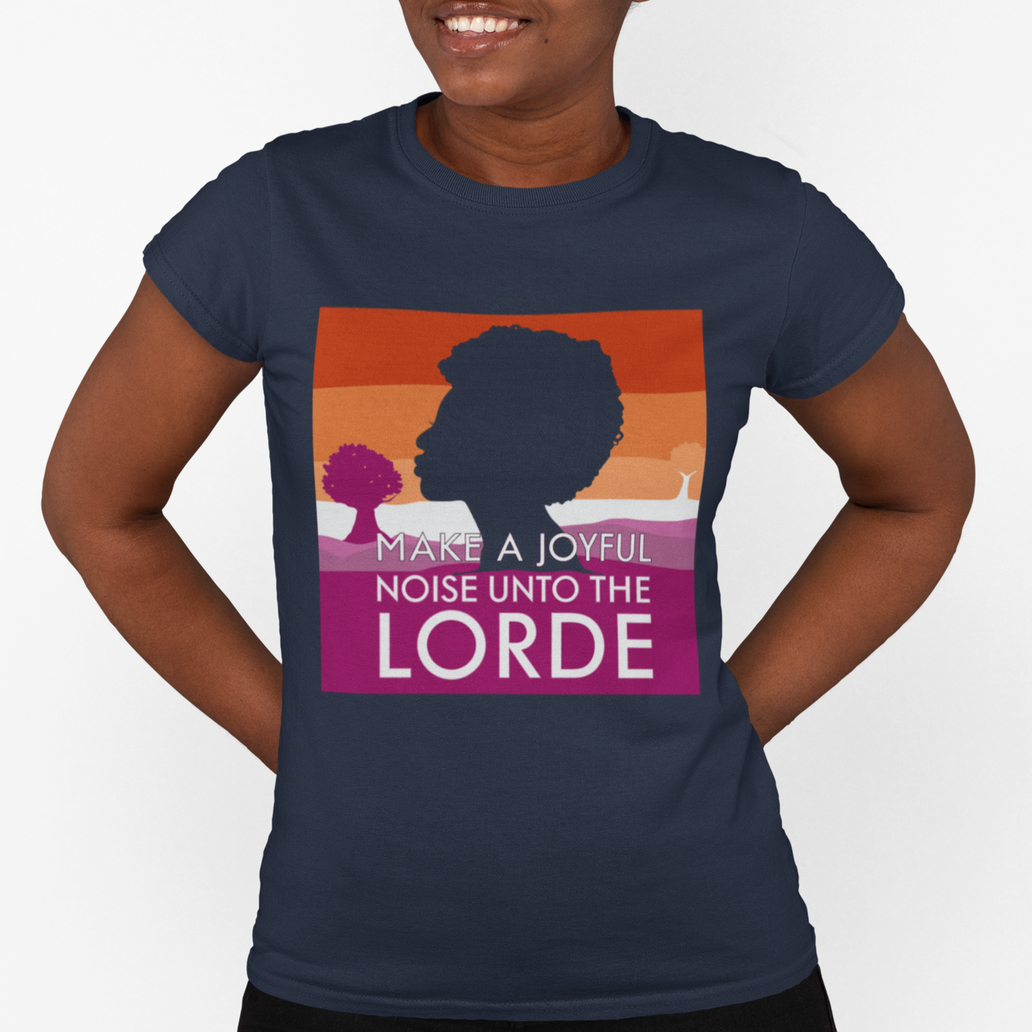 Real Belonging T-Shirt Navy / S Make a Joyful Noise Unto the Lorde T-Shirt – Lesbian Pride Landscape