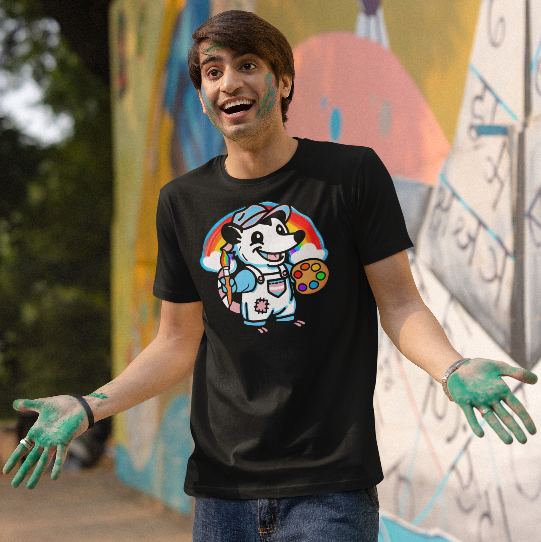 T-Shirt Black / S Adorable AF Trans Possum Rainbow Painter