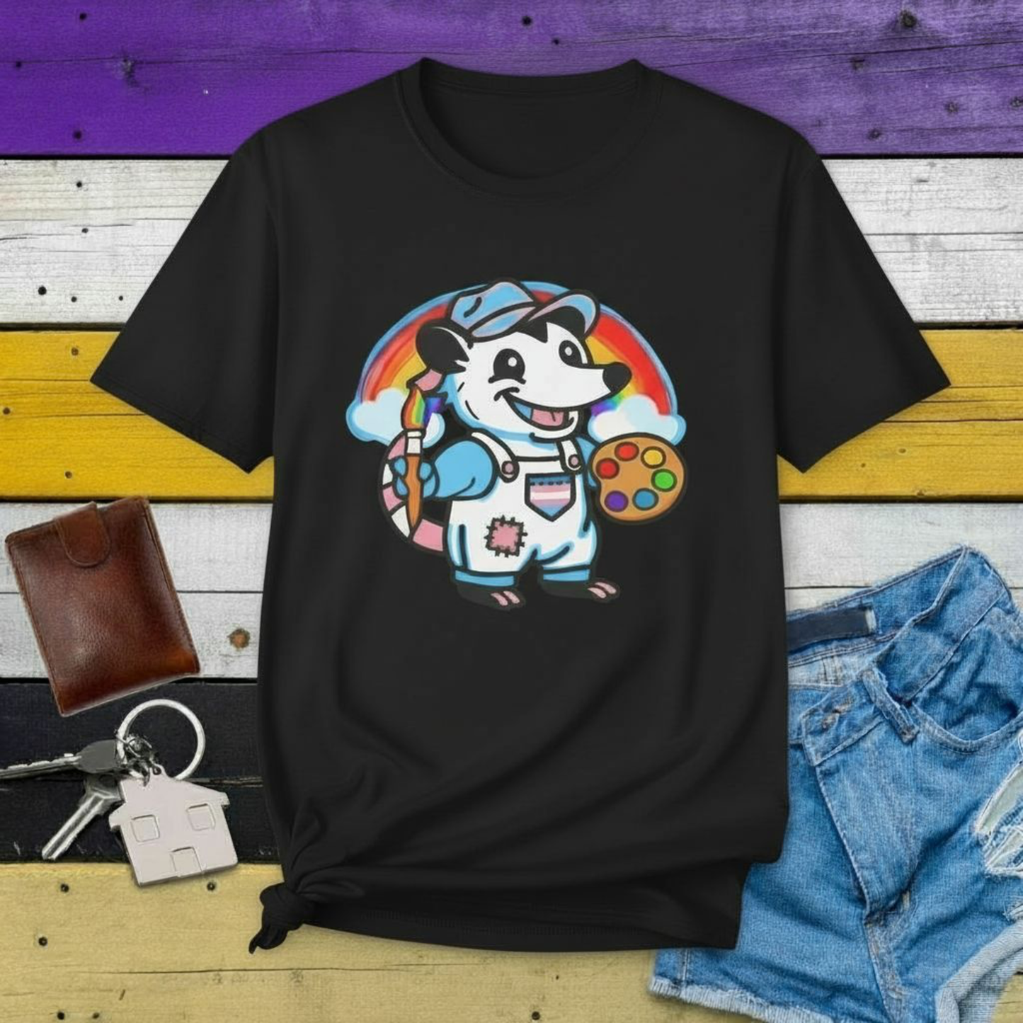 T-Shirt Black / S Adorable AF Trans Possum Rainbow Painter