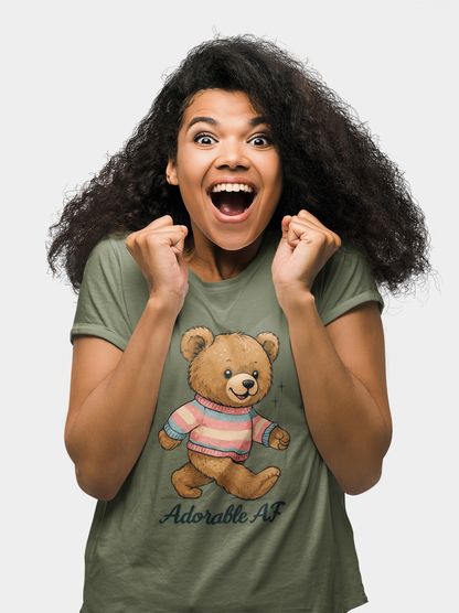 T-Shirt Military Green / S Adorable AF Teddy Bear in Blue & Pink Sweater T-shirt