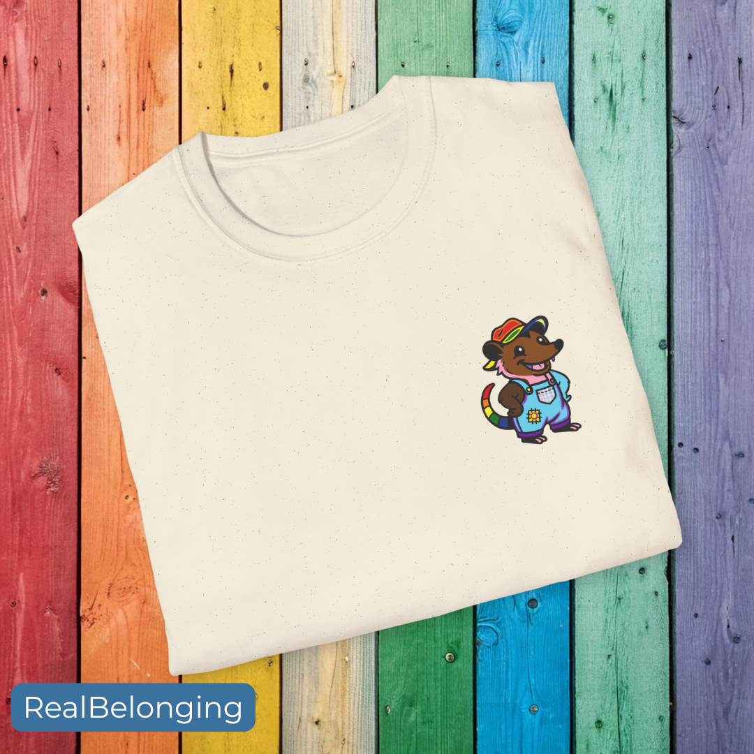 T-Shirt Natural / S / 4" Adorable AF Rainbow Progress Pride Possum T-Shirt | Hillbilly Queer Critter