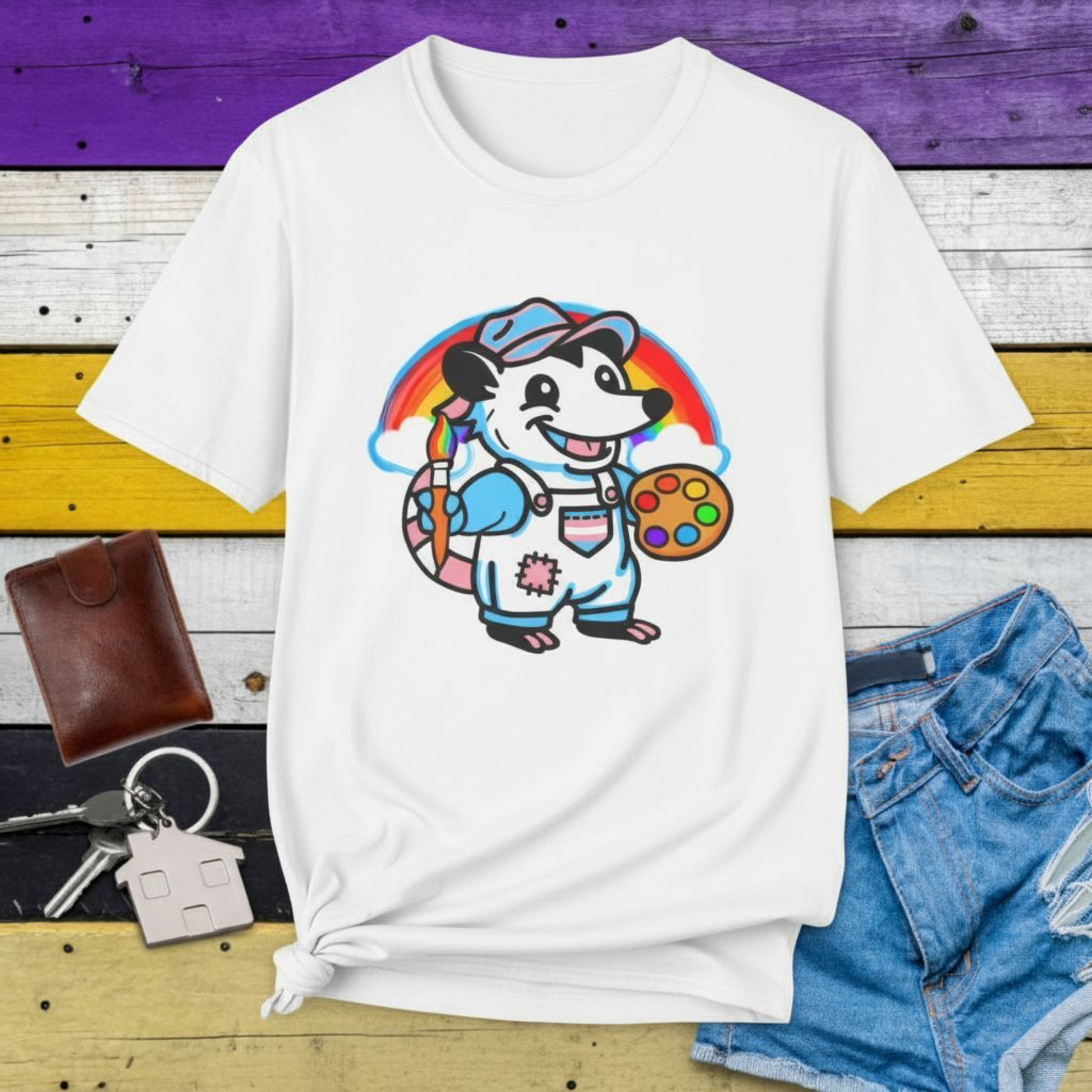 T-Shirt White / S Adorable AF Trans Possum Rainbow Painter